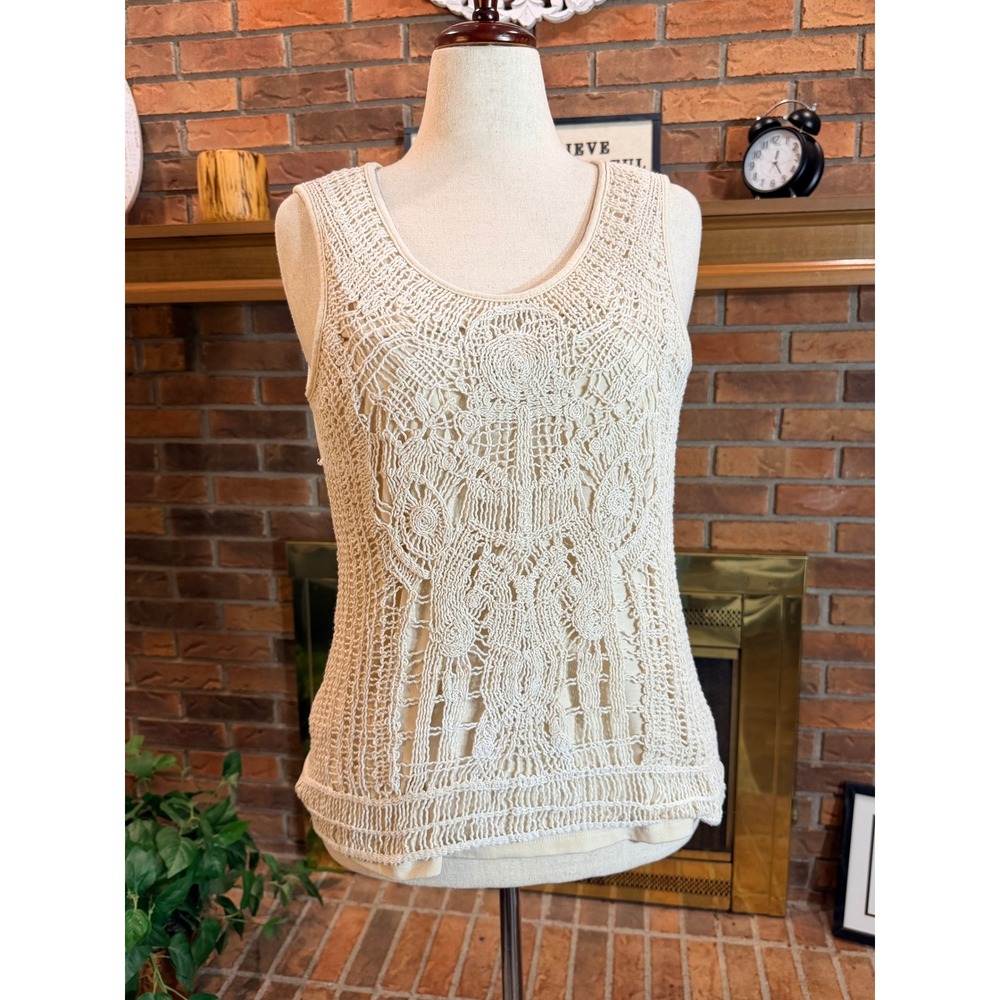 Adiva Crochet Lace Tank Top Womens Cream Sleeveless Scoop Neck L